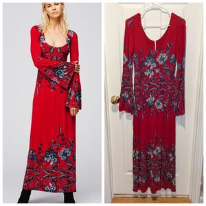 Free People Size Small Red Floral Long Bell Sleeve Maxi Dress